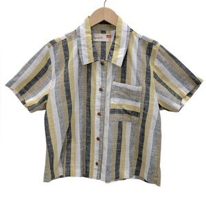 Imperfects Boxy Striped Linen Cotton Crop Cropped Button Down Shirt